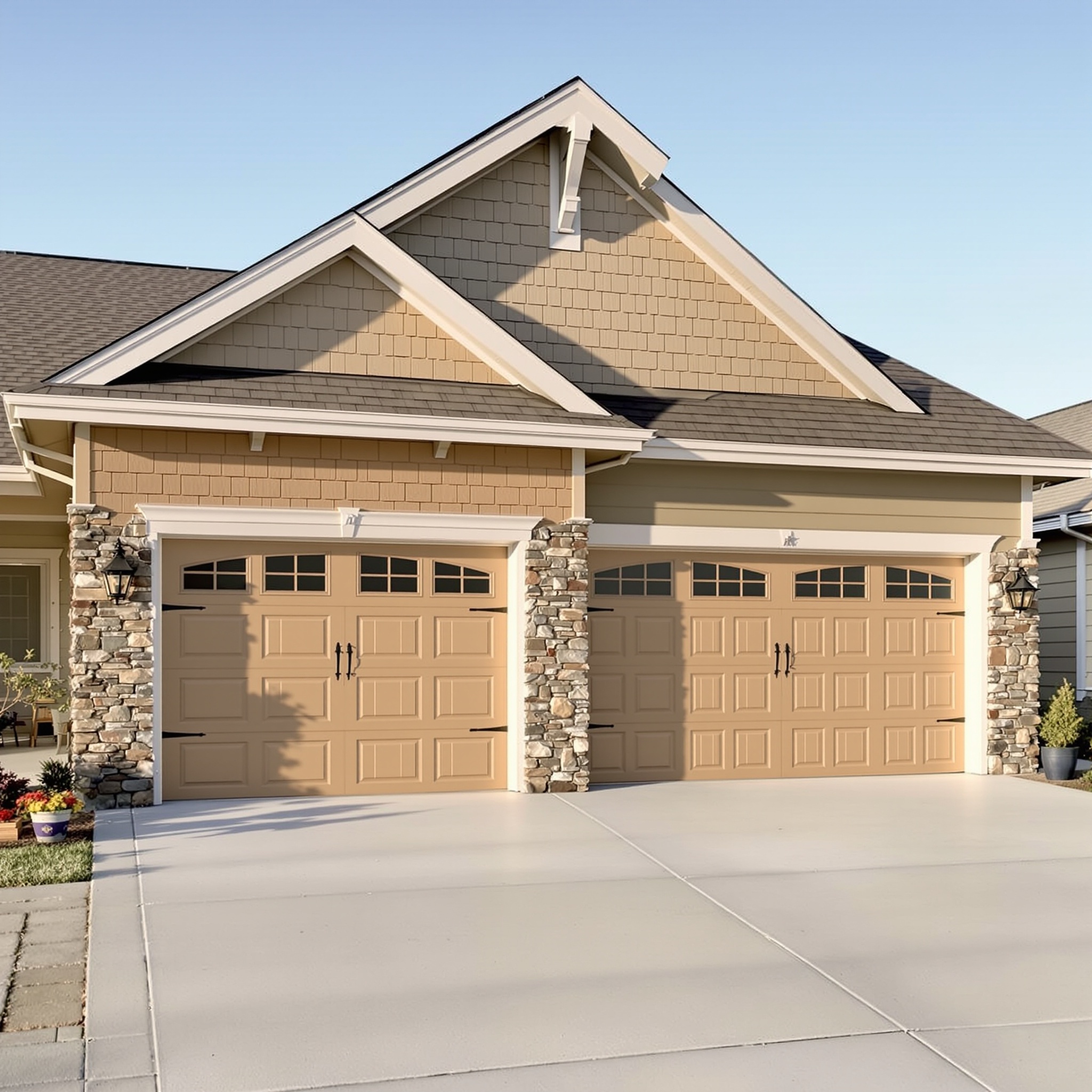 Bluefin double sandstone beige garage doors on craftsman style home
